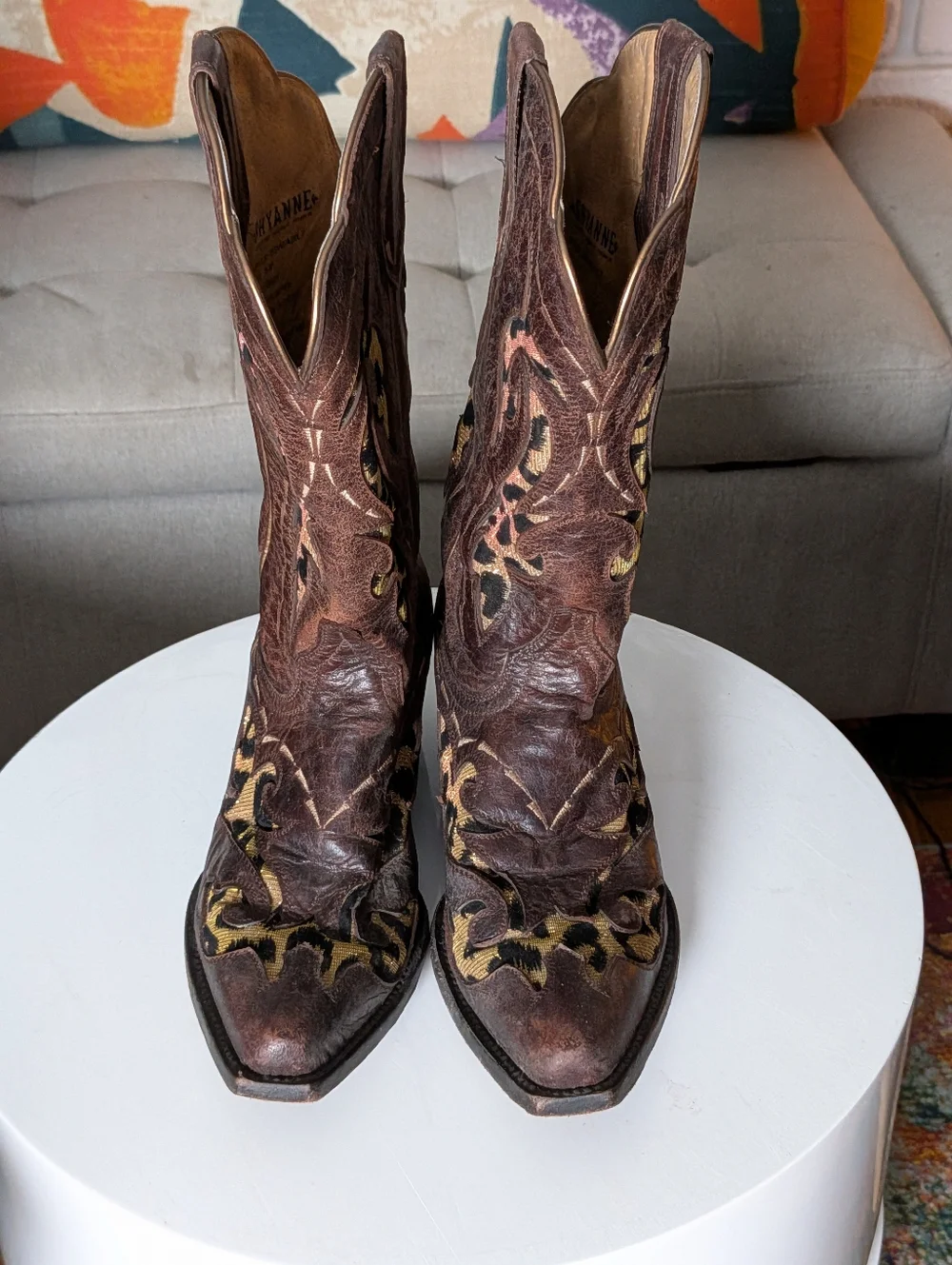 Shyanne Brown Leather Western Boots Leopard Inlay Made in Mexico Size 6 - Picture 2 of 8